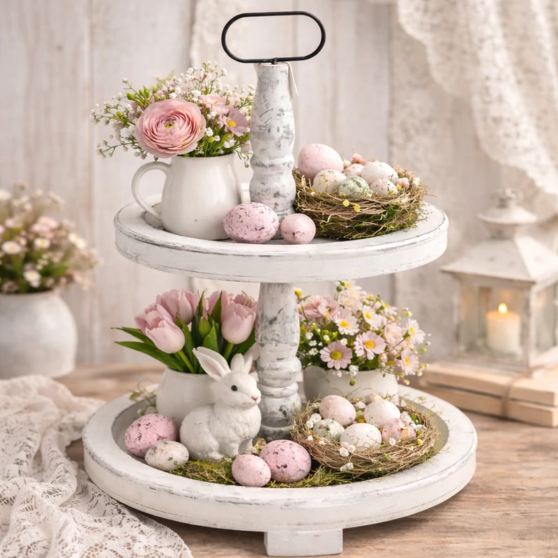 Kétszintes kínáló tál fából fehér 45cm