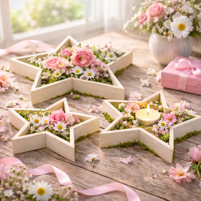 Fa tálca szett csillag  3db-os fehér/natúr 18/#