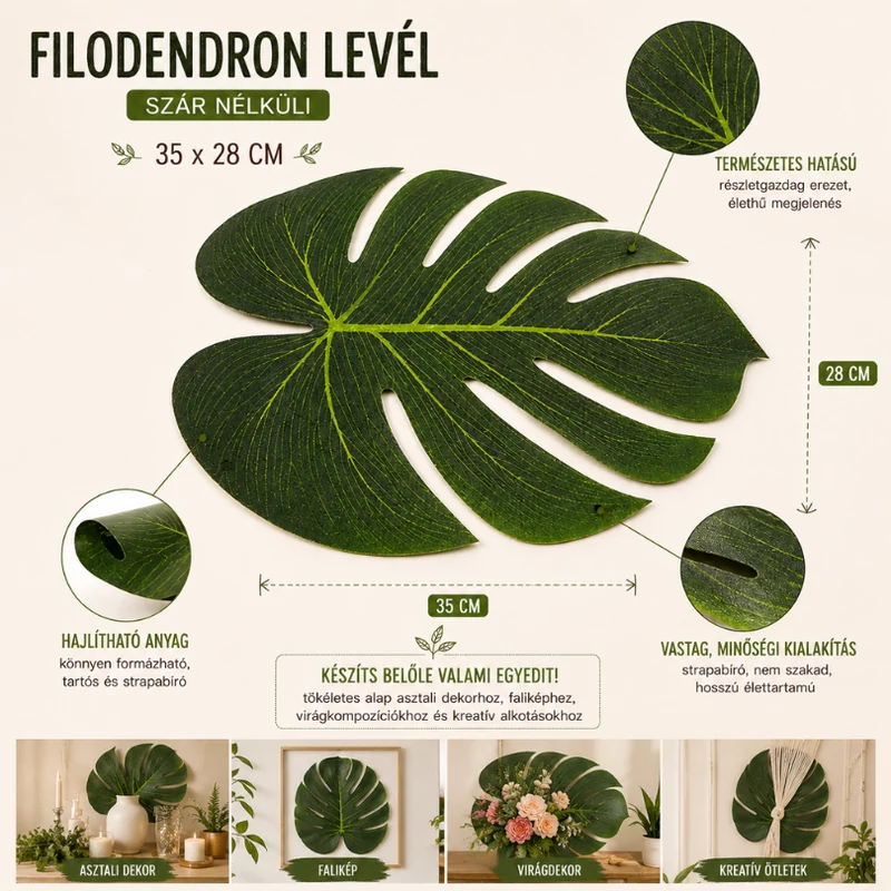 Szár nélküli óriás filodendron levél 12db/csomag