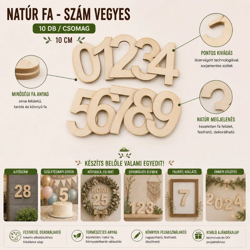 Natúr fa - Szám vegyes 10cm 10db/csomag