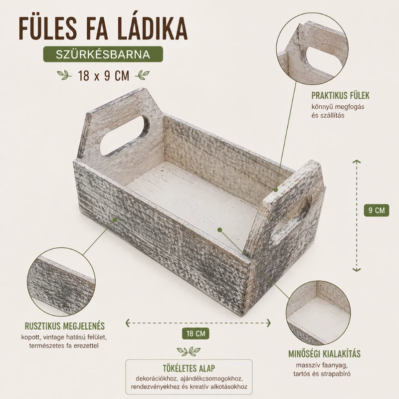 Füles fa ládika szürkésbarna 18x9cm