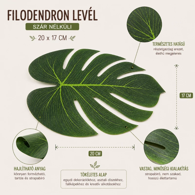 Szár nélküli filodendron levél 12db/csomag
