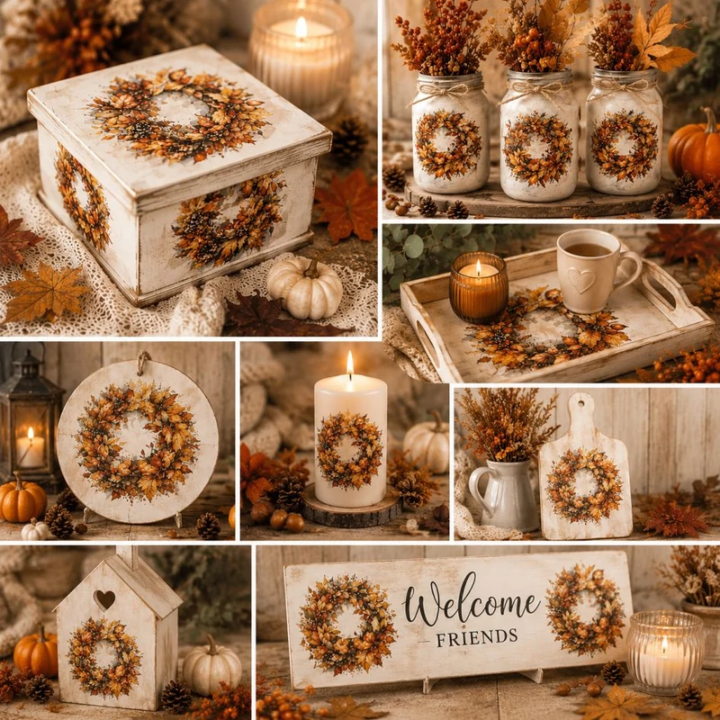 Rizspapír decoupage-hoz őszi koszorúk A4