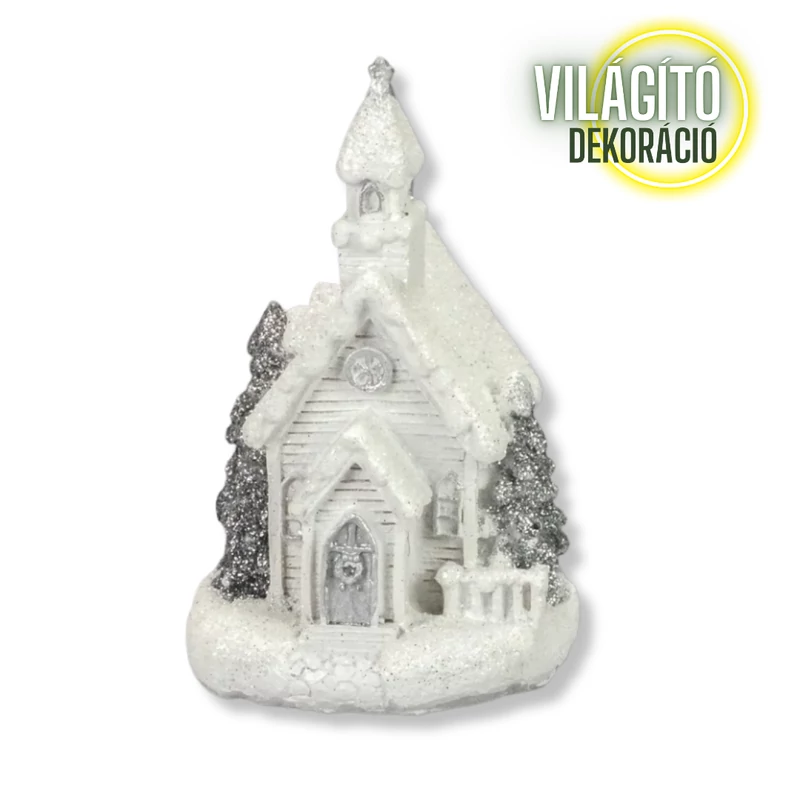 Fehér-ezüst világítós templom kicsi 1db