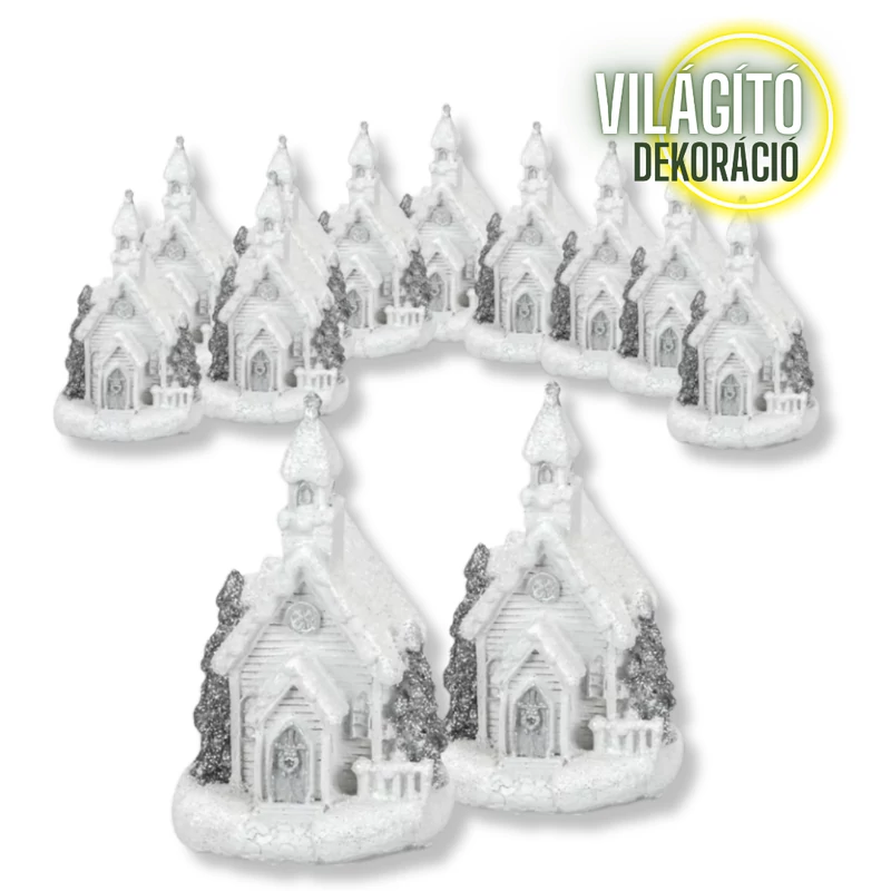 Fehér-ezüst világítós templom kicsi 12db/dob