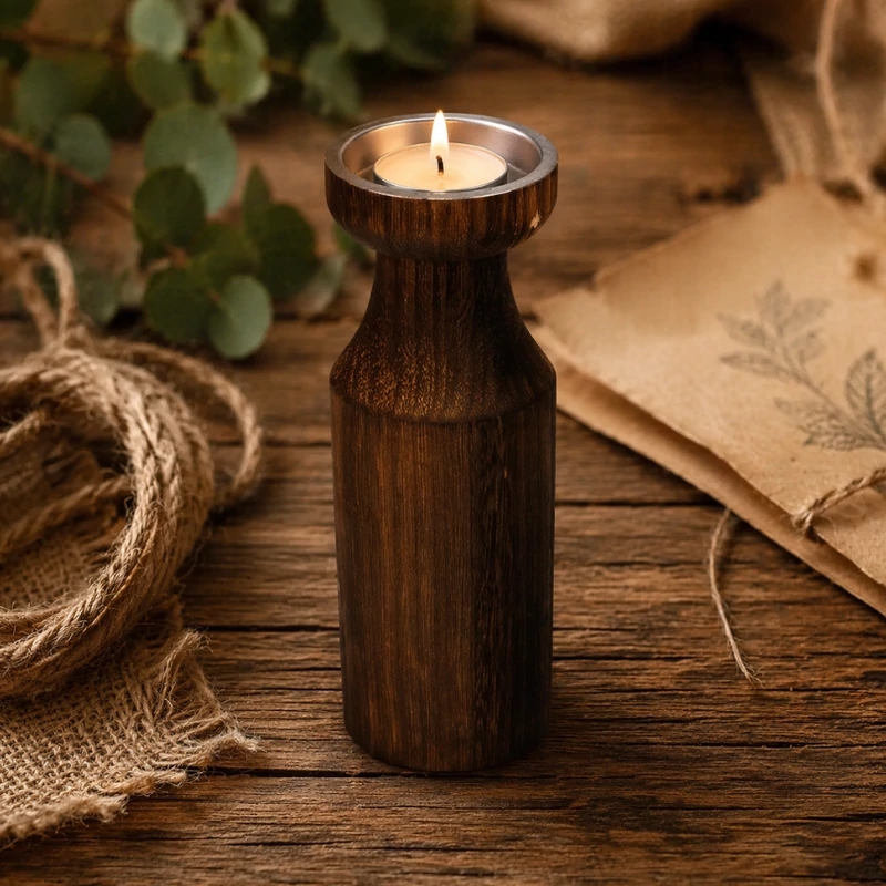 Modern barna fa gyertyatartó fém betéttel 25*10cm 24/#