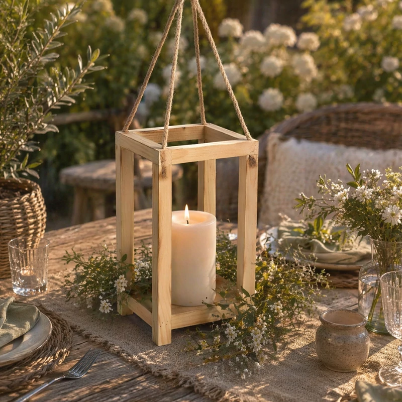 Dekorálható fa lanterna nyitott tetővel 15x15x28cm