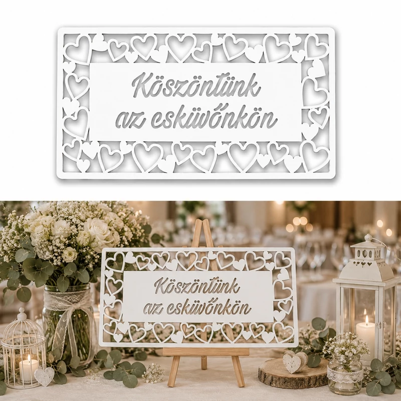Natúr fa Köszöntünk az esküvönkön tábla fehér 49,5cm