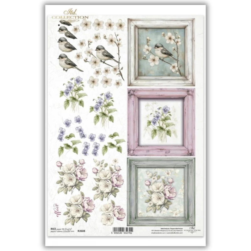 Rizspapír decoupage-hoz kismadár virágzó ágak A4