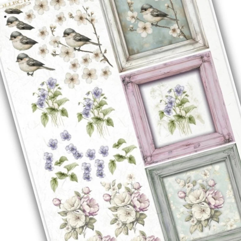 Rizspapír decoupage-hoz kismadár virágzó ágak A4