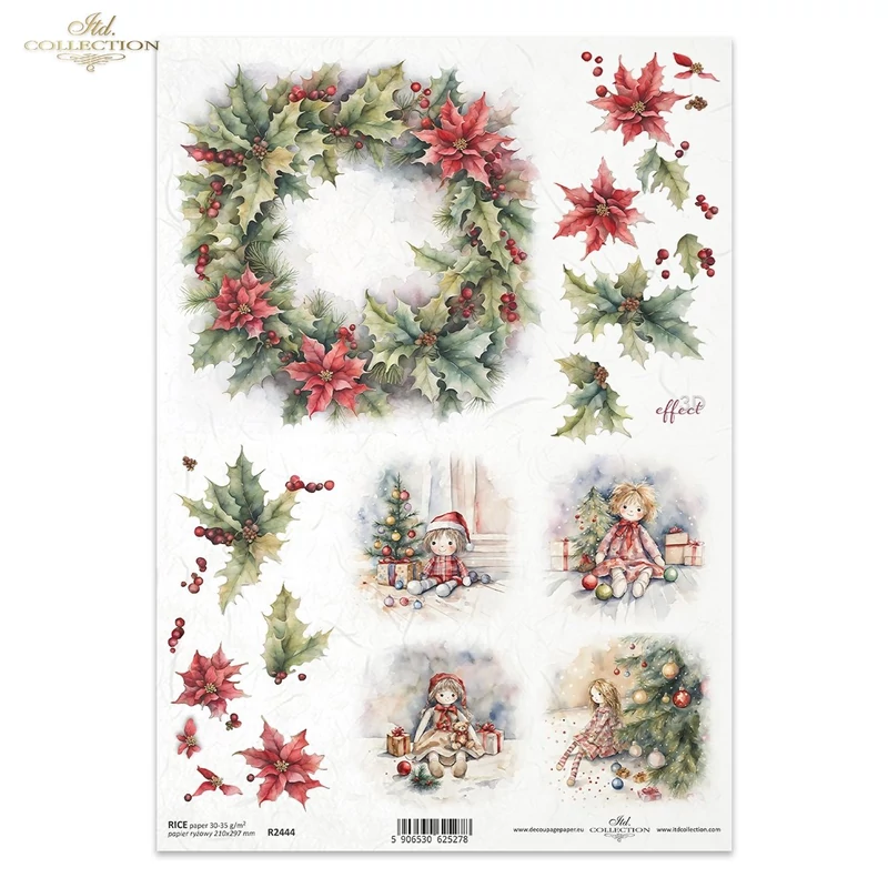 Rizspapír decoupage-hoz ajándék fagyöngy koszorú A4