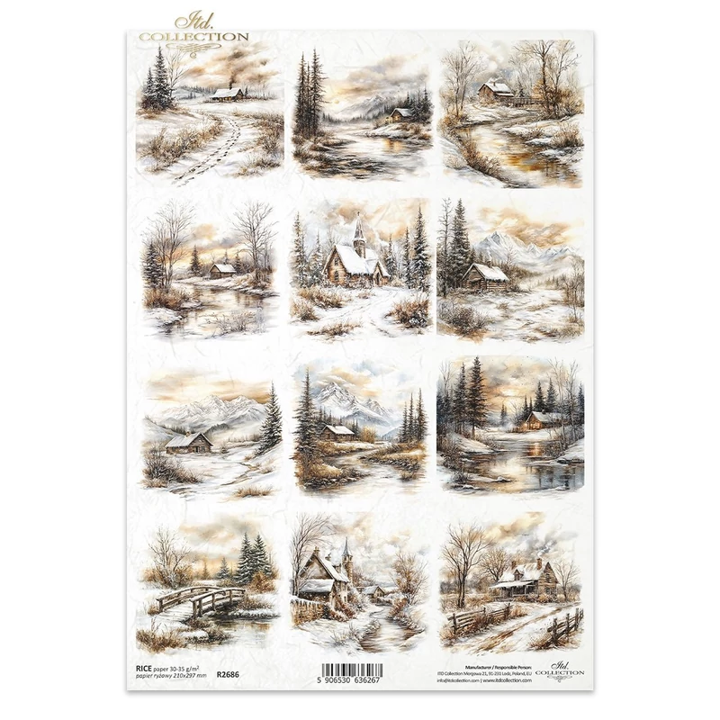 Rizspapír decoupage-hoz téli táj karácsony ház A4