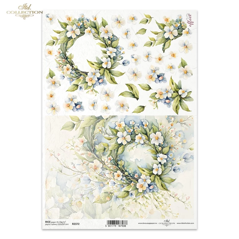 Rizspapír A4 decoupage-hoz koszorú virágok