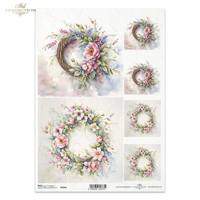Rizspapír A4 decoupage-hoz virágos koszorú