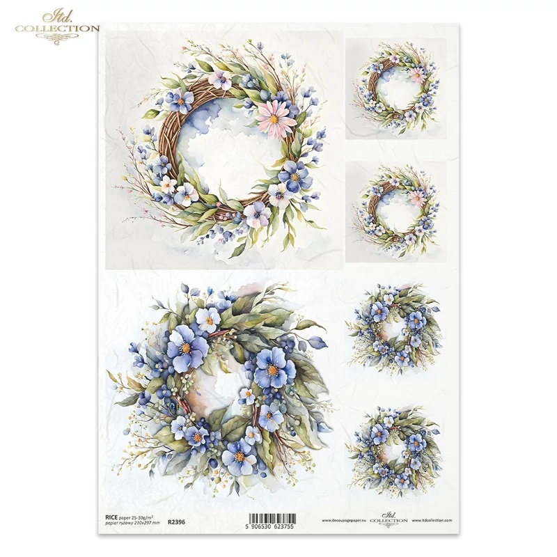 Rizspapír A4 decoupage-hoz virágos koszorú