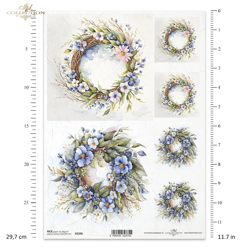 Rizspapír A4 decoupage-hoz virágos koszorú