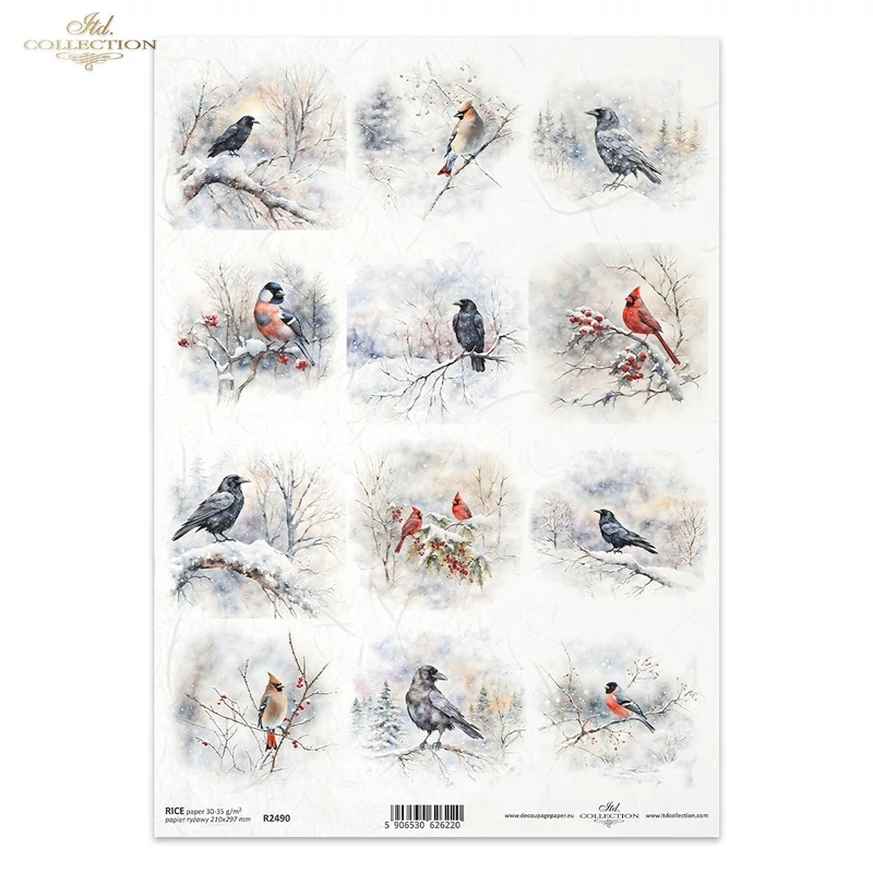 Rizspapír decoupage-hoz téli ágak madárkák A4