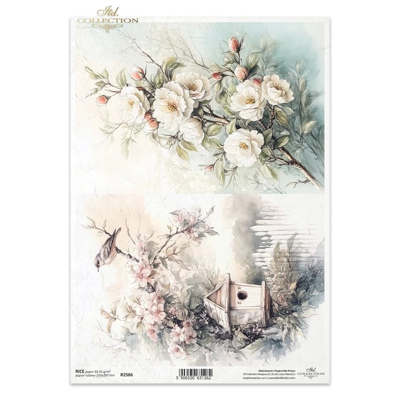 Rizspapír decoupage-hoz virágzó ágak madáretető A4