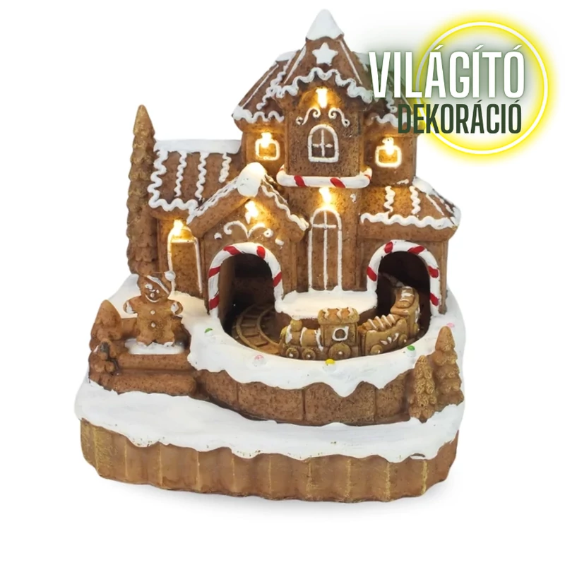 Világítós mézeskalács ház, vonattal