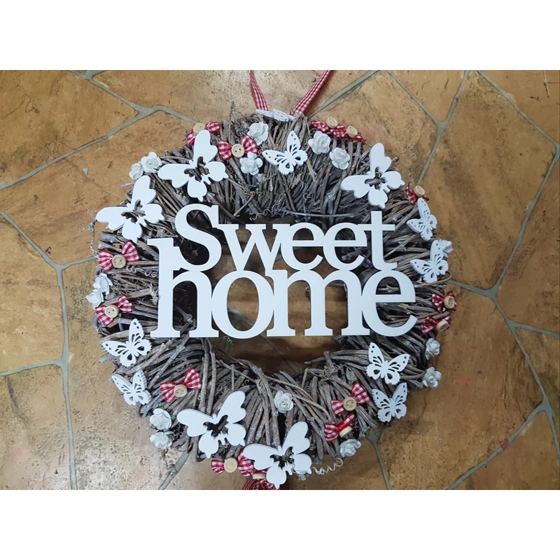 Natúr fa - "Sweet home" felirat koszorúra 11,5x20cm